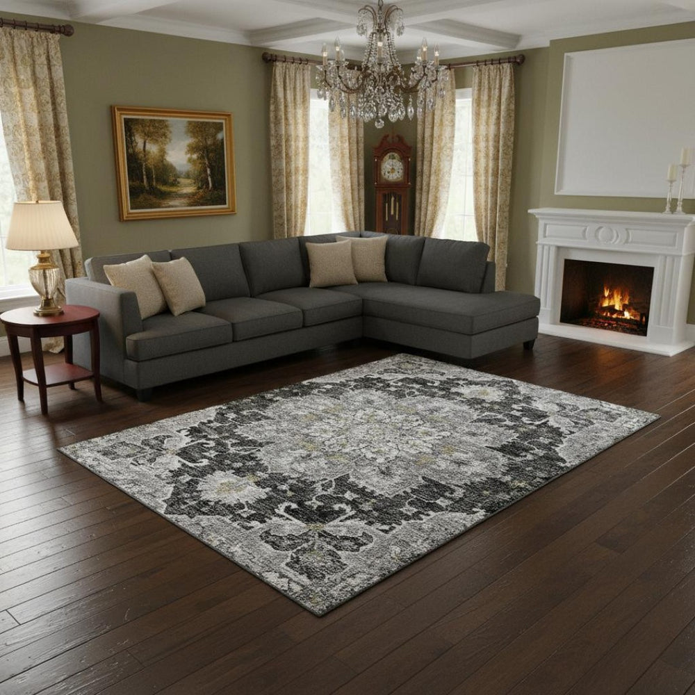 HomeRoots 8' X 10' Graphite Gold Floral Medallion Area Rug - Washable, Stain Resistant & UV Protected Design 644548