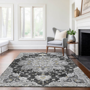 HomeRoots 8' X 10' Graphite Gold Floral Medallion Area Rug - Washable, Stain Resistant & UV Protected Design 644548