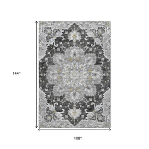 HomeRoots 9' X 12' Floral Medallion Area Rug in Graphite, Gold & Charcoal - Machine Washable & UV Resistant! 644549