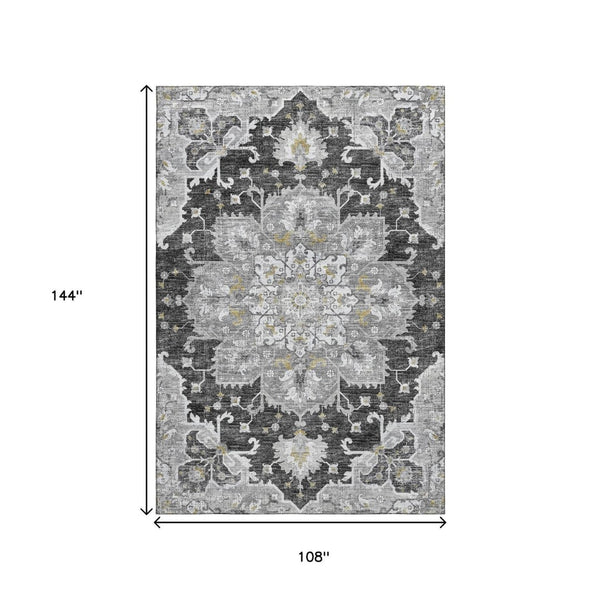 HomeRoots 9' X 12' Floral Medallion Area Rug in Graphite, Gold & Charcoal - Machine Washable & UV Resistant! 644549