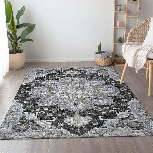 HomeRoots 9' X 12' Floral Medallion Area Rug in Graphite, Gold & Charcoal - Machine Washable & UV Resistant! 644549