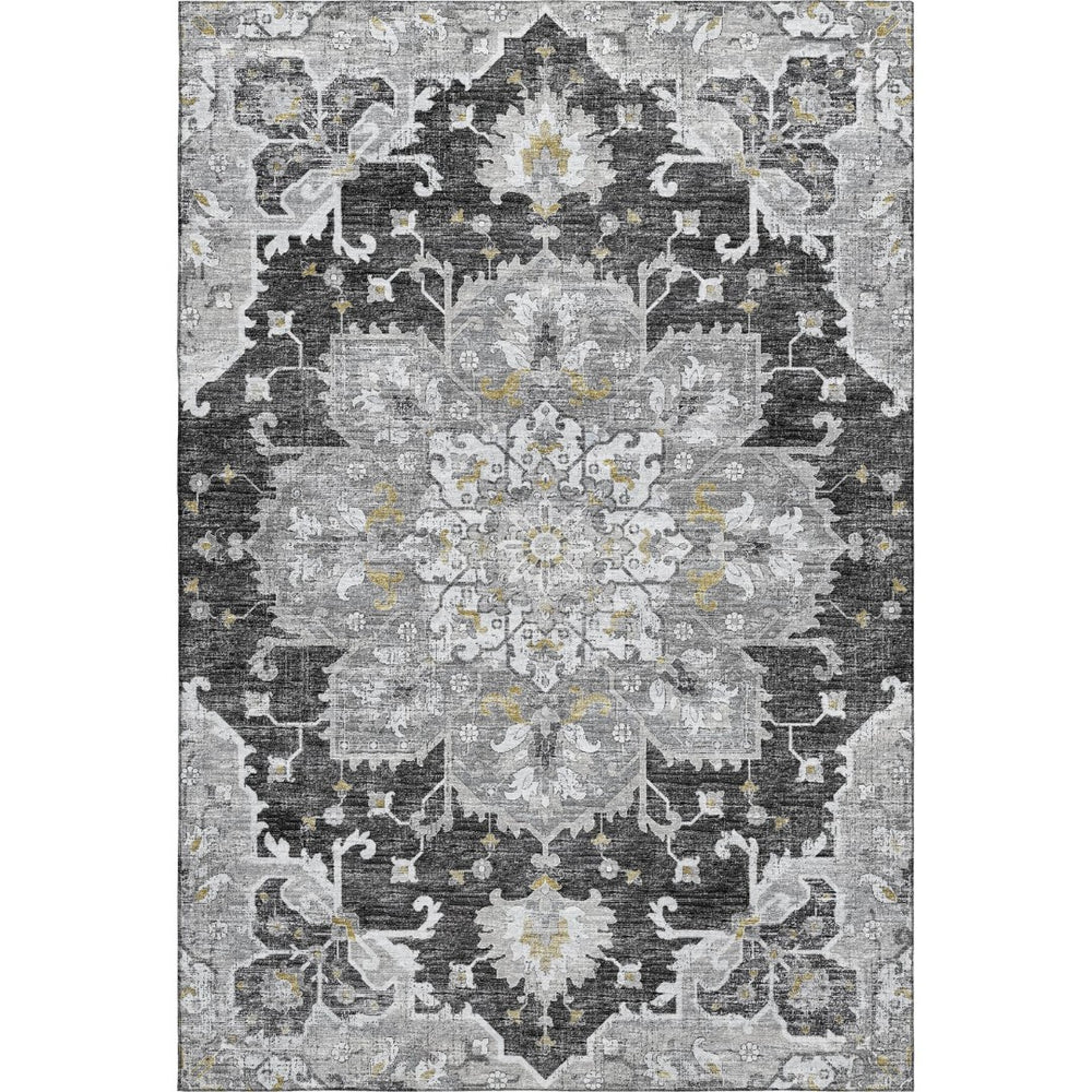 HomeRoots 9' X 12' Floral Medallion Area Rug in Graphite, Gold & Charcoal - Machine Washable & UV Resistant! 644549