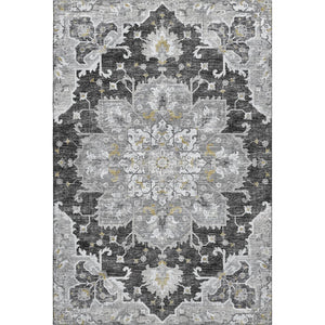 HomeRoots 9' X 12' Floral Medallion Area Rug in Graphite, Gold & Charcoal - Machine Washable & UV Resistant! 644549