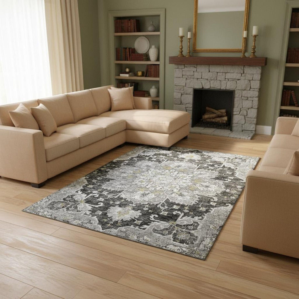 HomeRoots 9' X 12' Floral Medallion Area Rug in Graphite, Gold & Charcoal - Machine Washable & UV Resistant! 644549