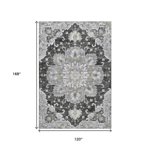 HomeRoots 10' X 14' Elegant Graphite Gold Charcoal Floral Medallion Area Rug - Washable & UV Protected for Durability 644550