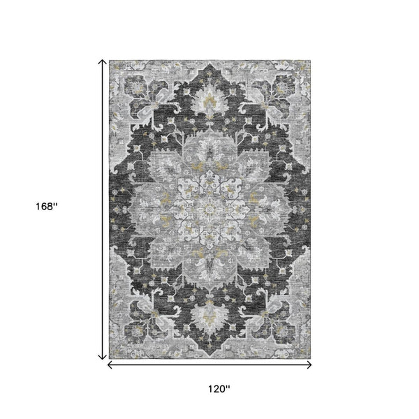 HomeRoots 10' X 14' Elegant Graphite Gold Charcoal Floral Medallion Area Rug - Washable & UV Protected for Durability 644550