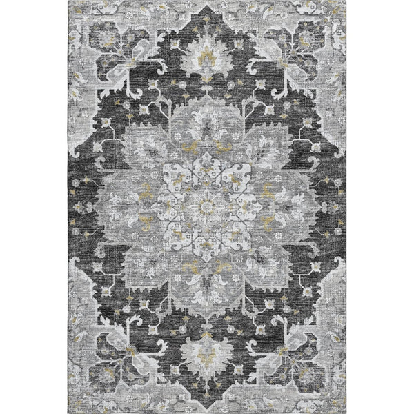 HomeRoots 10' X 14' Elegant Graphite Gold Charcoal Floral Medallion Area Rug - Washable & UV Protected for Durability 644550