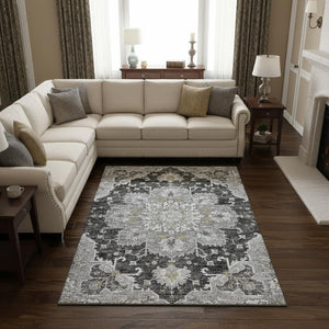 HomeRoots 10' X 14' Elegant Graphite Gold Charcoal Floral Medallion Area Rug - Washable & UV Protected for Durability 644550
