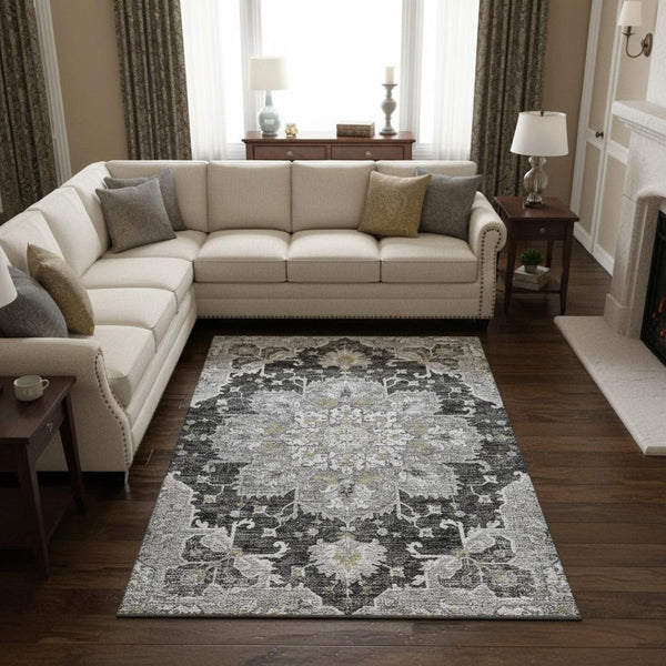 HomeRoots 10' X 14' Elegant Graphite Gold Charcoal Floral Medallion Area Rug - Washable & UV Protected for Durability 644550
