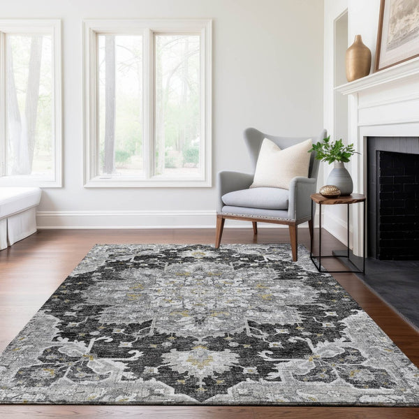 HomeRoots 10' X 14' Elegant Graphite Gold Charcoal Floral Medallion Area Rug - Washable & UV Protected for Durability 644550