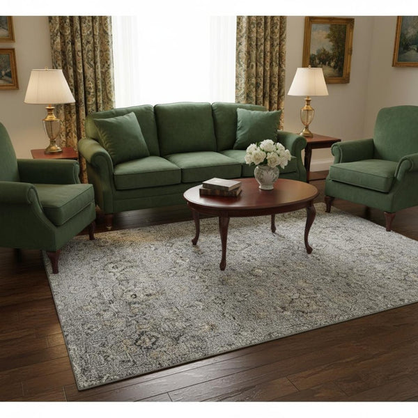 HomeRoots 5' X 8' Ash Gray Brown Ivory Floral Medallion Area Rug - Washable, UV-Protected & Stain-Resistant! 644552