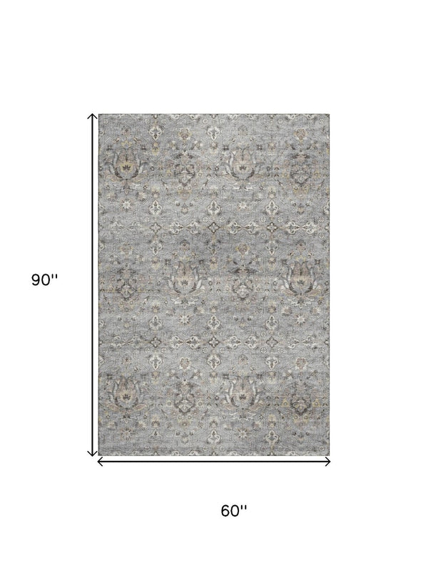 HomeRoots 5' X 8' Ash Gray Brown Ivory Floral Medallion Area Rug - Washable, UV-Protected & Stain-Resistant! 644552