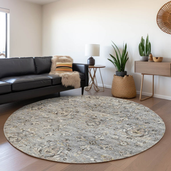 HomeRoots 8' Washable Round Rug with Floral Medallion Design – UV Protected, Stain Resistant, Easy-Care Home Décor 644553