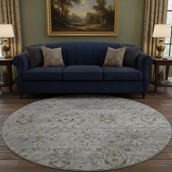 HomeRoots 8' Washable Round Rug with Floral Medallion Design – UV Protected, Stain Resistant, Easy-Care Home Décor 644553