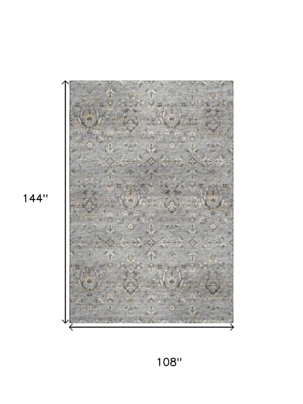 HomeRoots 9' X 12' Floral Medallion Area Rug in Ash Gray & Ivory - Washable, UV Protected, Stain Resistant! 644555