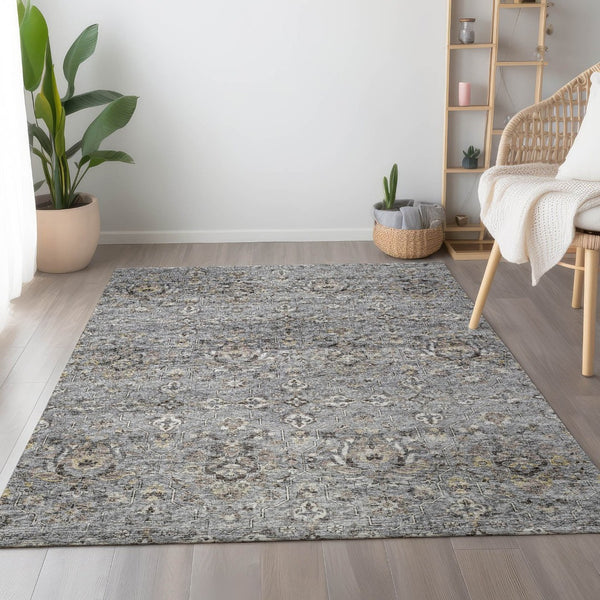 HomeRoots 10' Floral Medallion Area Rug in Ash Gray, Brown & Ivory - Washable, UV-Protected, Durable Design 644556