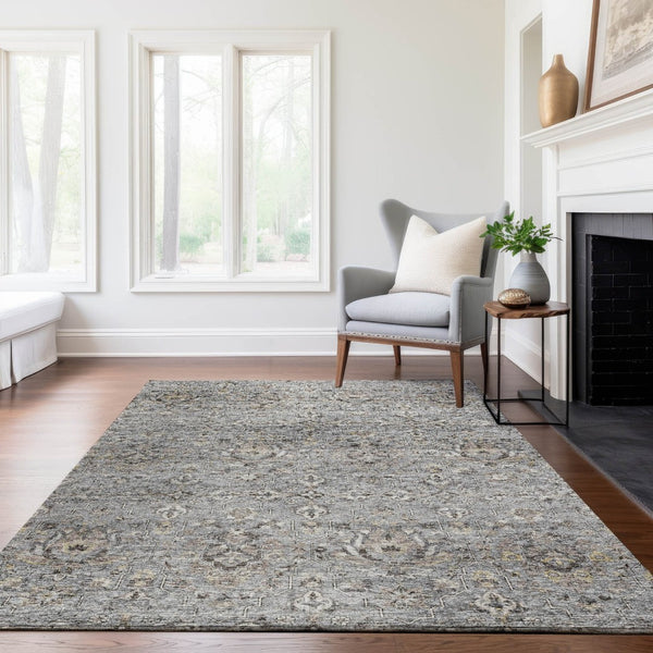 HomeRoots 10' Floral Medallion Area Rug in Ash Gray, Brown & Ivory - Washable, UV-Protected, Durable Design 644556