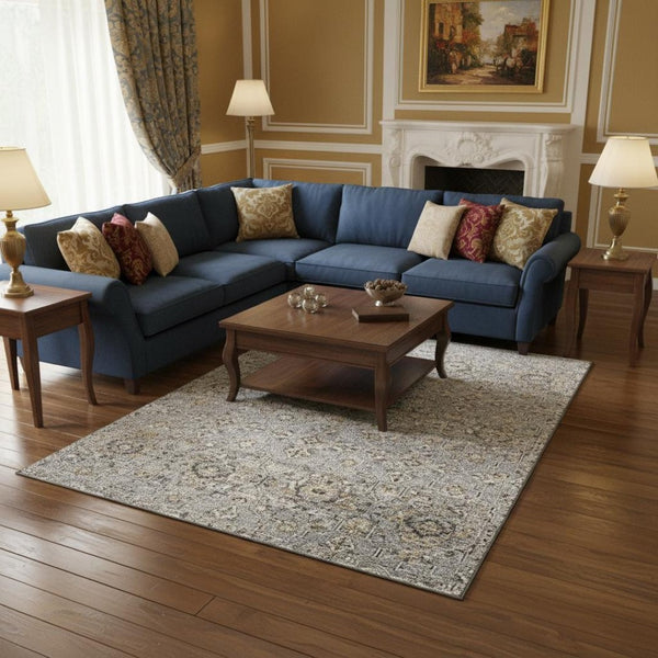 HomeRoots 10' Floral Medallion Area Rug in Ash Gray, Brown & Ivory - Washable, UV-Protected, Durable Design 644556