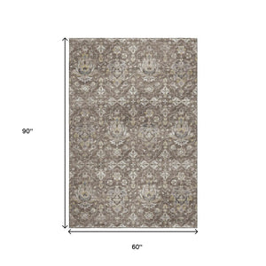HomeRoots 5' X 8' Washable Floral Medallion Area Rug in Taupe, Ivory & Gold - Stain Resistant & UV Protected 644558