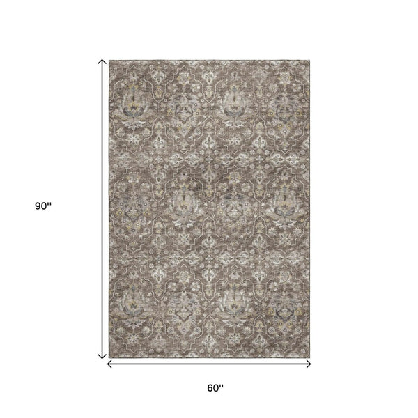 HomeRoots 5' X 8' Washable Floral Medallion Area Rug in Taupe, Ivory & Gold - Stain Resistant & UV Protected 644558