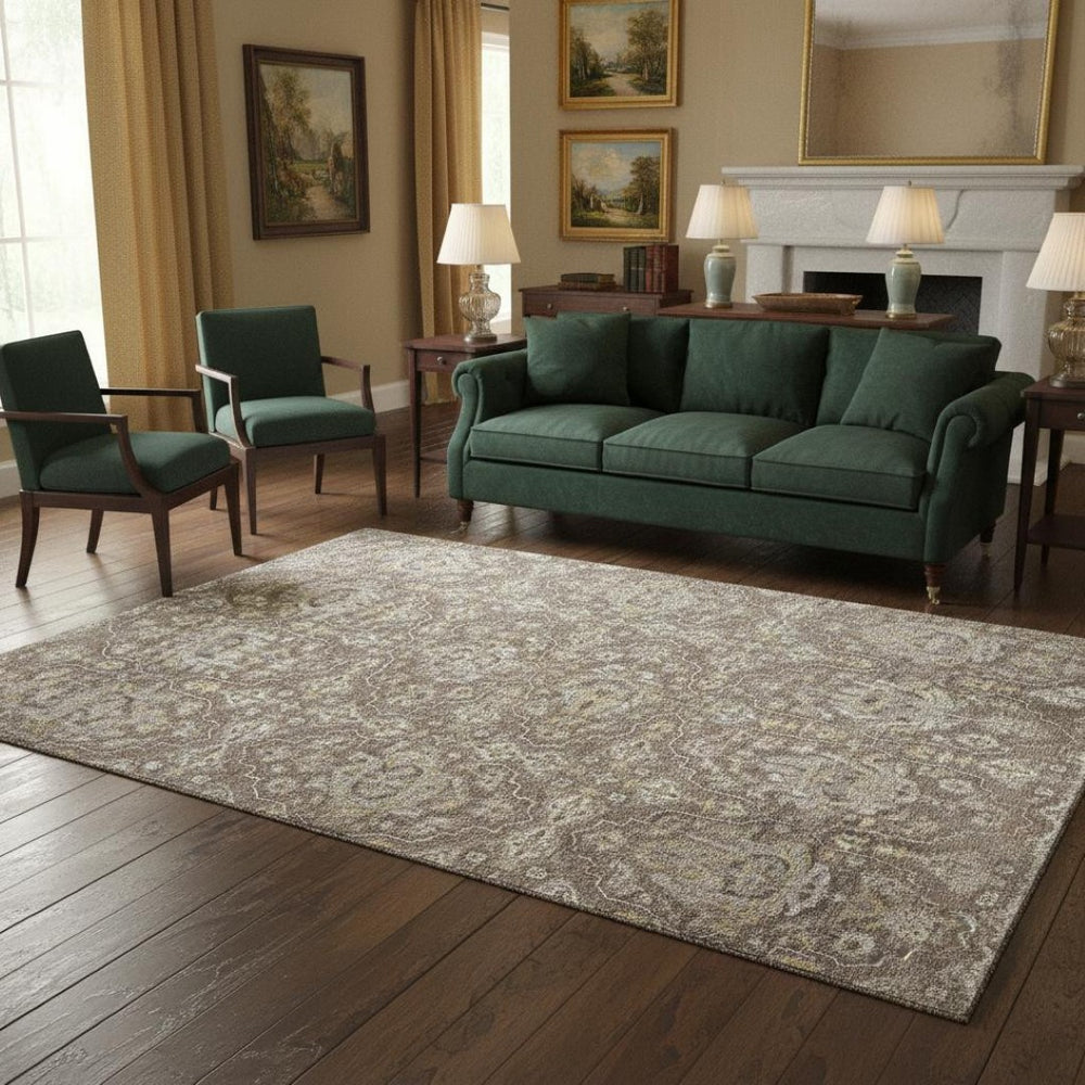 HomeRoots 5' X 8' Washable Floral Medallion Area Rug in Taupe, Ivory & Gold - Stain Resistant & UV Protected 644558