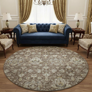 HomeRoots 8' Elegant Taupe Ivory Gold Floral Medallion Washable Round Rug - UV Protected, Durable & Stylish! 644559