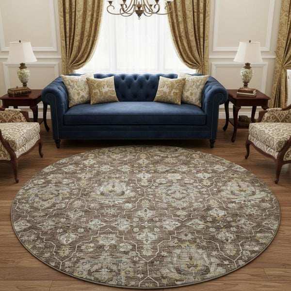 HomeRoots 8' Elegant Taupe Ivory Gold Floral Medallion Washable Round Rug - UV Protected, Durable & Stylish! 644559