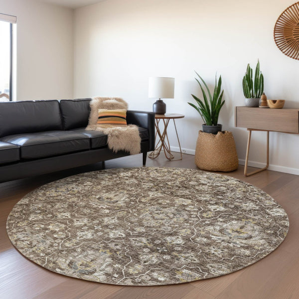 HomeRoots 8' Elegant Taupe Ivory Gold Floral Medallion Washable Round Rug - UV Protected, Durable & Stylish! 644559