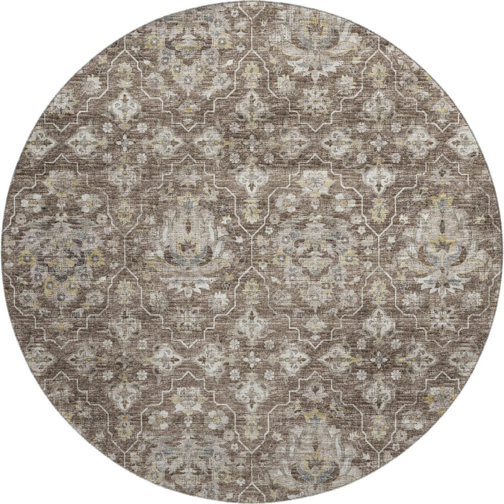 HomeRoots 8' Elegant Taupe Ivory Gold Floral Medallion Washable Round Rug - UV Protected, Durable & Stylish! 644559
