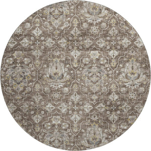 HomeRoots 8' Elegant Taupe Ivory Gold Floral Medallion Washable Round Rug - UV Protected, Durable & Stylish! 644559