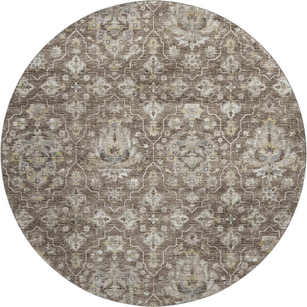 HomeRoots 8' Elegant Taupe Ivory Gold Floral Medallion Washable Round Rug - UV Protected, Durable & Stylish! 644559