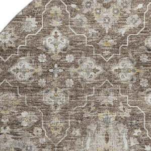 HomeRoots 8' Elegant Taupe Ivory Gold Floral Medallion Washable Round Rug - UV Protected, Durable & Stylish! 644559