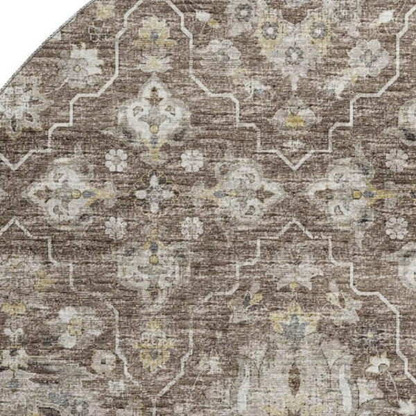 HomeRoots 8' Elegant Taupe Ivory Gold Floral Medallion Washable Round Rug - UV Protected, Durable & Stylish! 644559