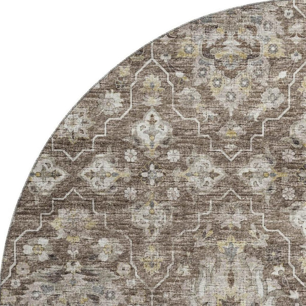 HomeRoots 8' Elegant Taupe Ivory Gold Floral Medallion Washable Round Rug - UV Protected, Durable & Stylish! 644559