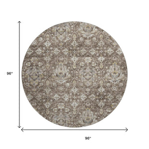 HomeRoots 8' Elegant Taupe Ivory Gold Floral Medallion Washable Round Rug - UV Protected, Durable & Stylish! 644559