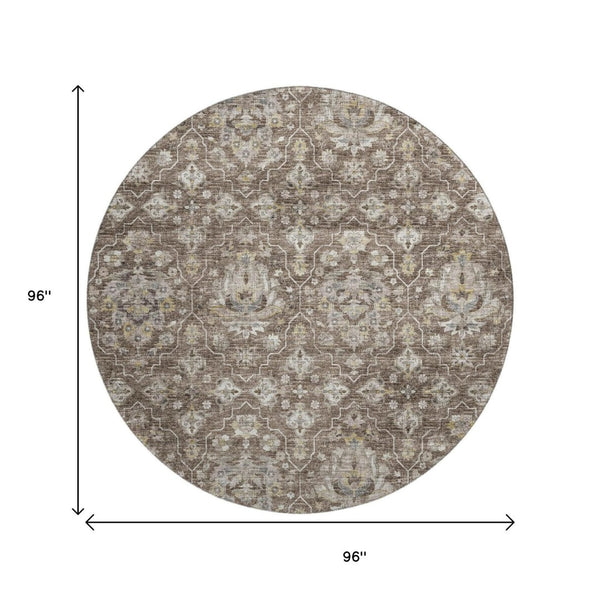 HomeRoots 8' Elegant Taupe Ivory Gold Floral Medallion Washable Round Rug - UV Protected, Durable & Stylish! 644559