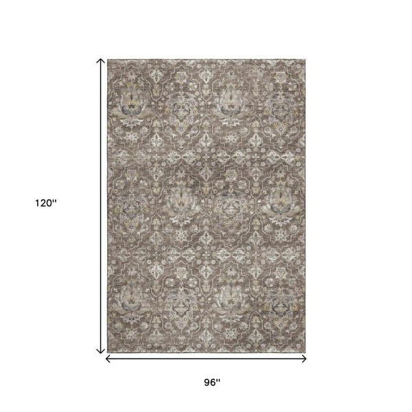 HomeRoots 8' X 10' Elegant Floral Medallion Area Rug in Taupe, Ivory & Gold - Washable, UV-Protected Design 644560
