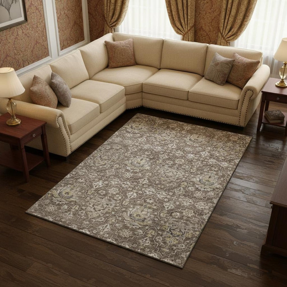 HomeRoots 8' X 10' Elegant Floral Medallion Area Rug in Taupe, Ivory & Gold - Washable, UV-Protected Design 644560