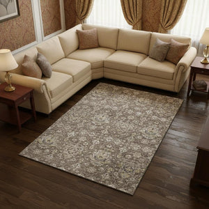 HomeRoots 8' X 10' Elegant Floral Medallion Area Rug in Taupe, Ivory & Gold - Washable, UV-Protected Design 644560