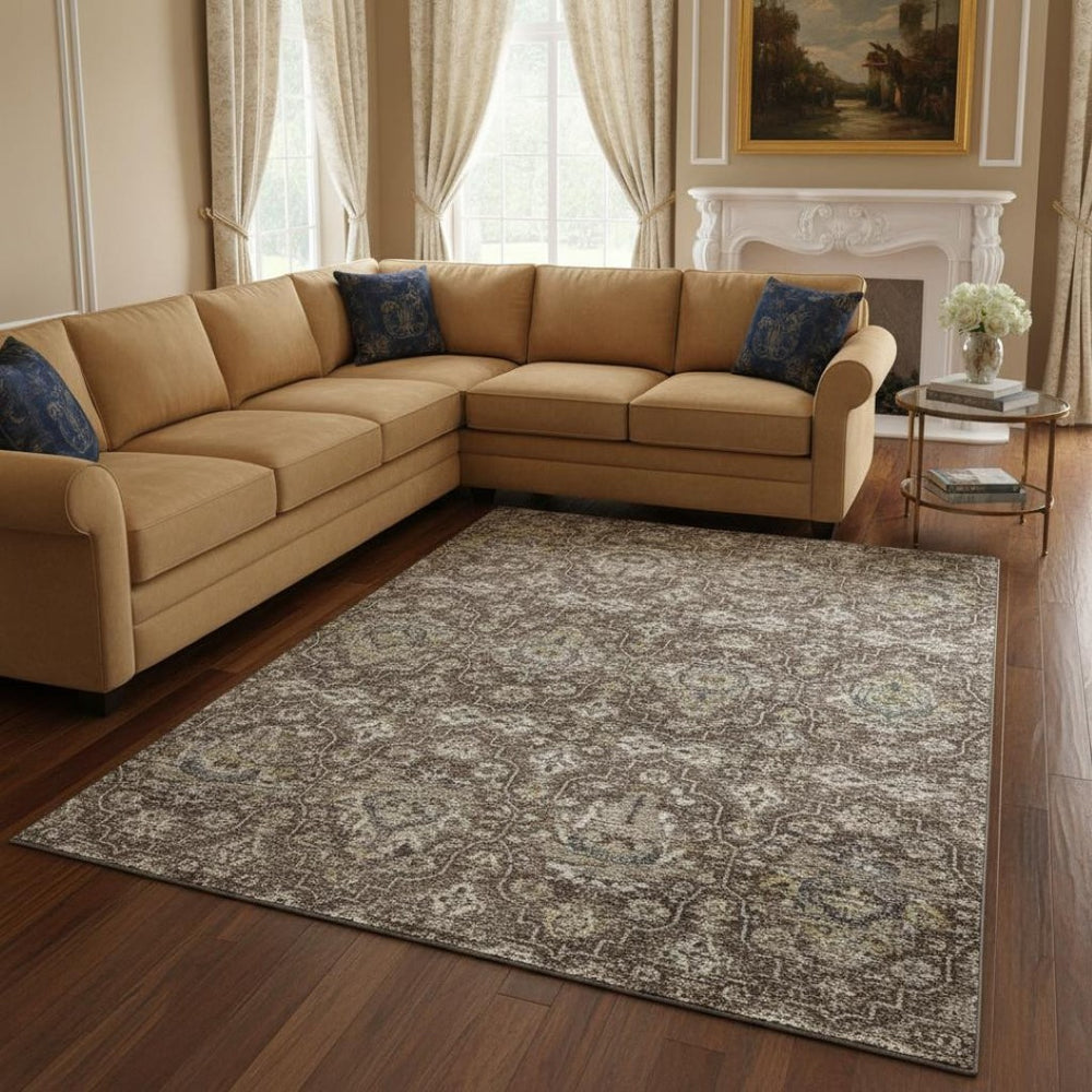 HomeRoots 9' X 12' Elegant Taupe Ivory Gold Floral Medallion Area Rug - Washable, Stain Resistant & UV Protected 644561