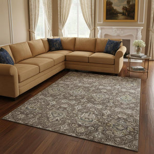 HomeRoots 9' X 12' Elegant Taupe Ivory Gold Floral Medallion Area Rug - Washable, Stain Resistant & UV Protected 644561