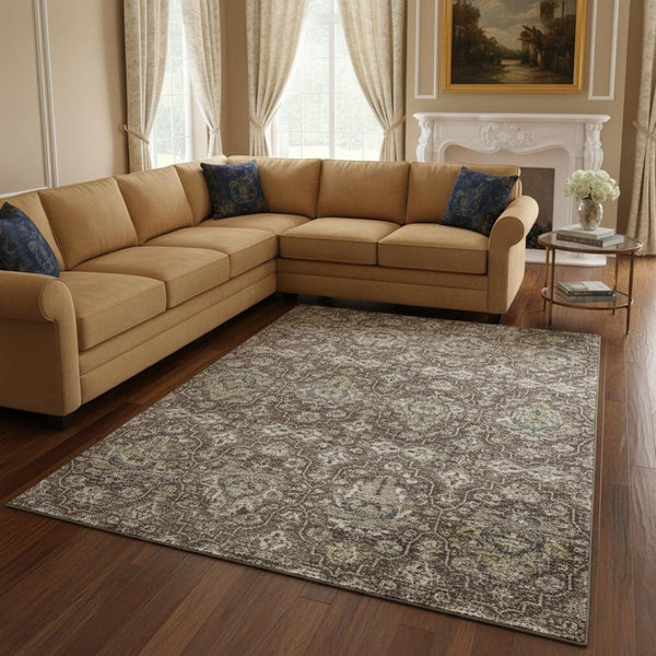 HomeRoots 9' X 12' Elegant Taupe Ivory Gold Floral Medallion Area Rug - Washable, Stain Resistant & UV Protected 644561