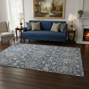 HomeRoots 5' X 8' Blue Floral Medallion Area Rug - Washable, UV-Protected, Stain Resistant, Ideal for Homes! 644564