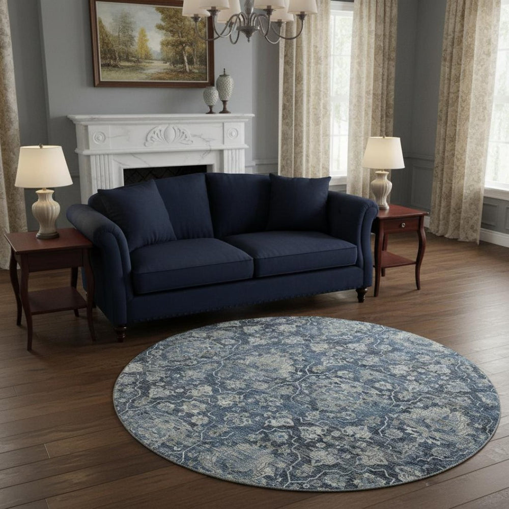 HomeRoots 8' Blue And Ivory Floral Medallion Round Rug - Washable, UV Protected, Stain Resistant for Easy Care 644565