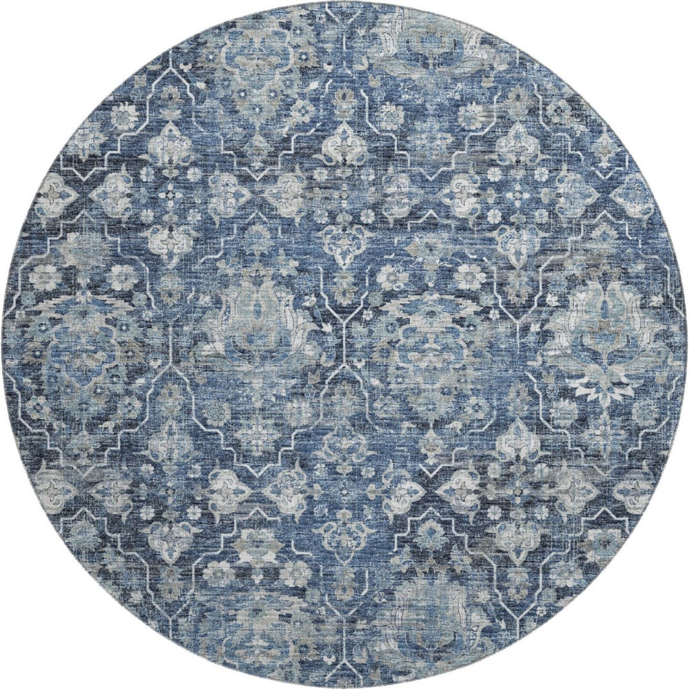 HomeRoots 8' Blue And Ivory Floral Medallion Round Rug - Washable, UV Protected, Stain Resistant for Easy Care 644565
