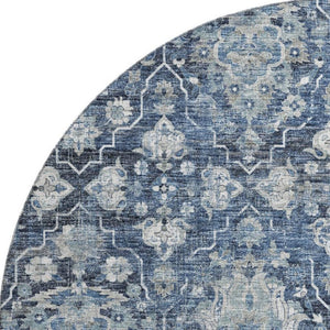 HomeRoots 8' Blue And Ivory Floral Medallion Round Rug - Washable, UV Protected, Stain Resistant for Easy Care 644565