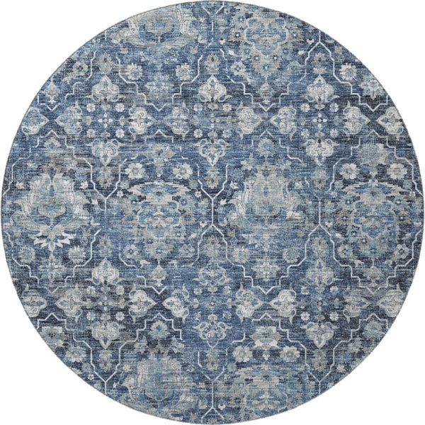 HomeRoots 8' Blue And Ivory Floral Medallion Round Rug - Washable, UV Protected, Stain Resistant for Easy Care 644565