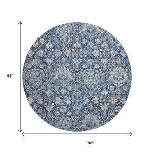 HomeRoots 8' Blue And Ivory Floral Medallion Round Rug - Washable, UV Protected, Stain Resistant for Easy Care 644565