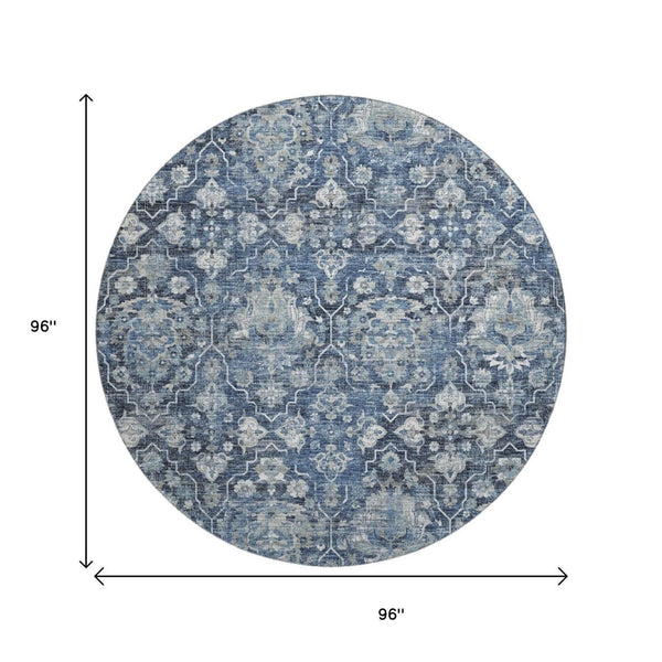 HomeRoots 8' Blue And Ivory Floral Medallion Round Rug - Washable, UV Protected, Stain Resistant for Easy Care 644565