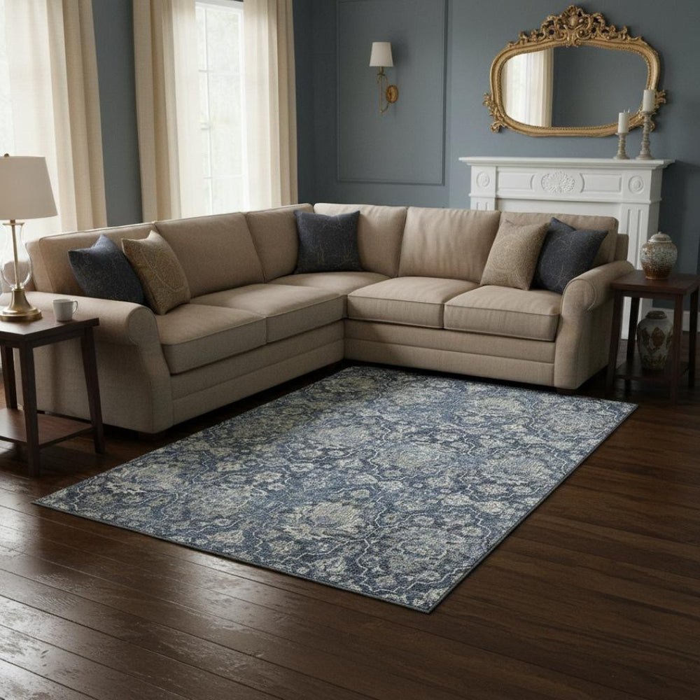 HomeRoots 9' X 12' Blue & Ivory Floral Medallion Area Rug - Washable, UV Protected, Stain Resistant for Homes 644567